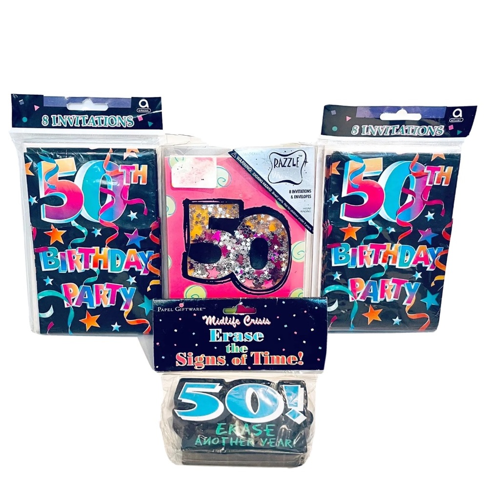 Vintage Y2K 2000s 50th Birthday Party Invitations Black Pink Sequins Plus Eraser
